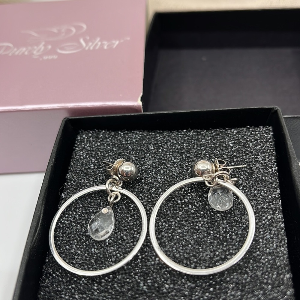 Purely Silver .999 Fine Silver Swarovski Crystal Hoop Earrings + Box